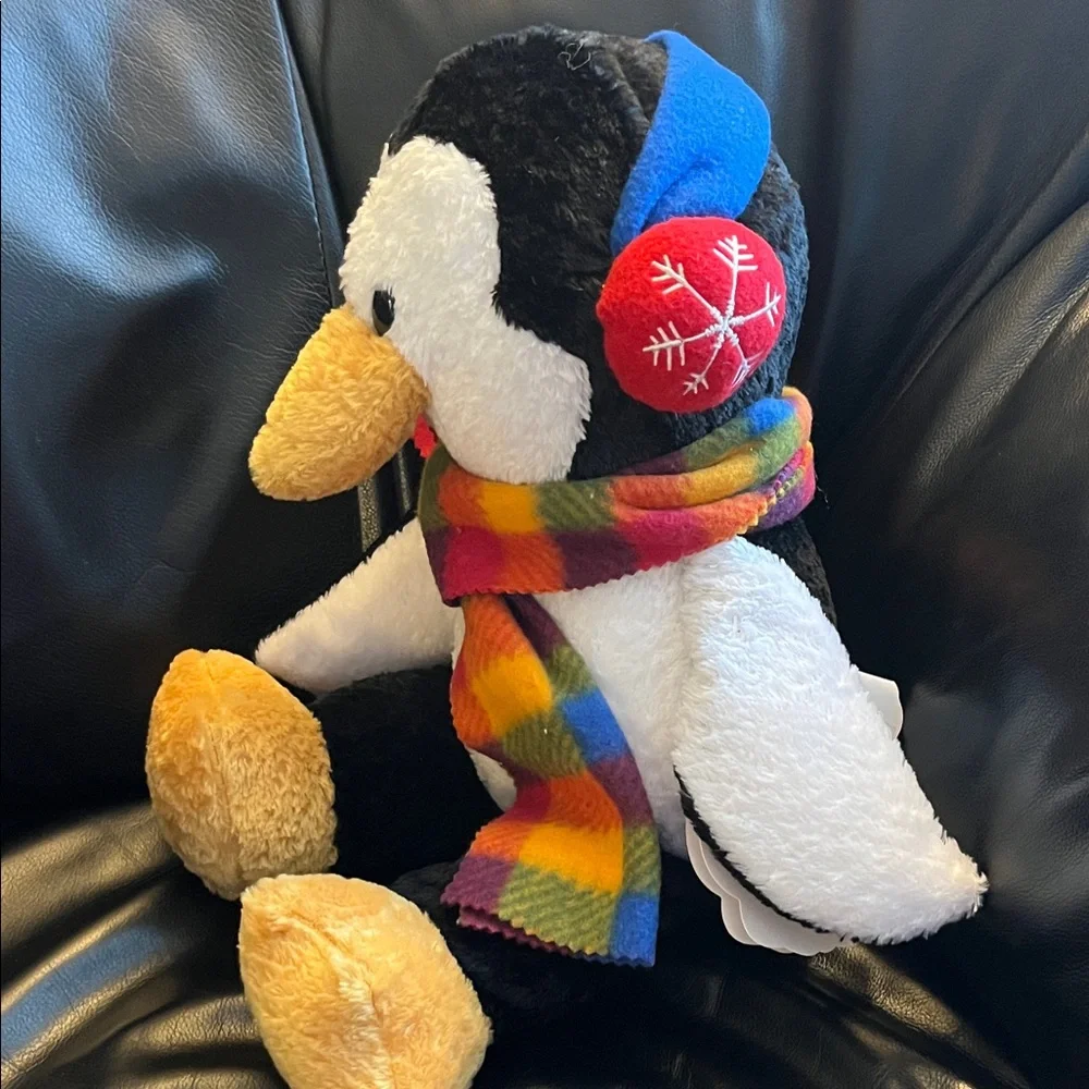 Penguin Plush with Colorful Scarf and Red Earmuffs
